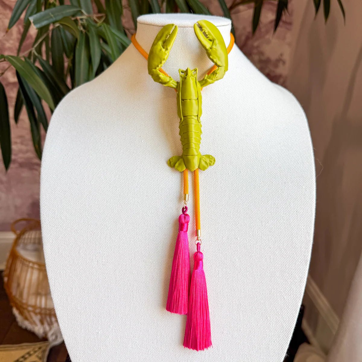 Crawfish Lobster Bolo Olive Green with Golden Yellow & Fuchsia - Jewelry - Necklaces - Rahya