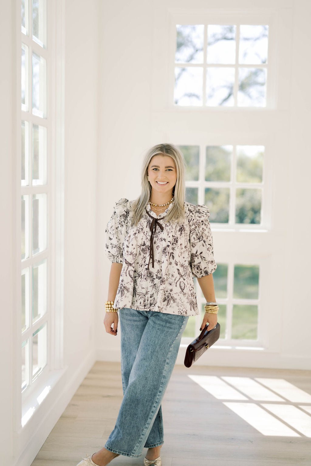 Day Time Luxe Ruffle Printed Top - Tops - Blouses - She & Sky