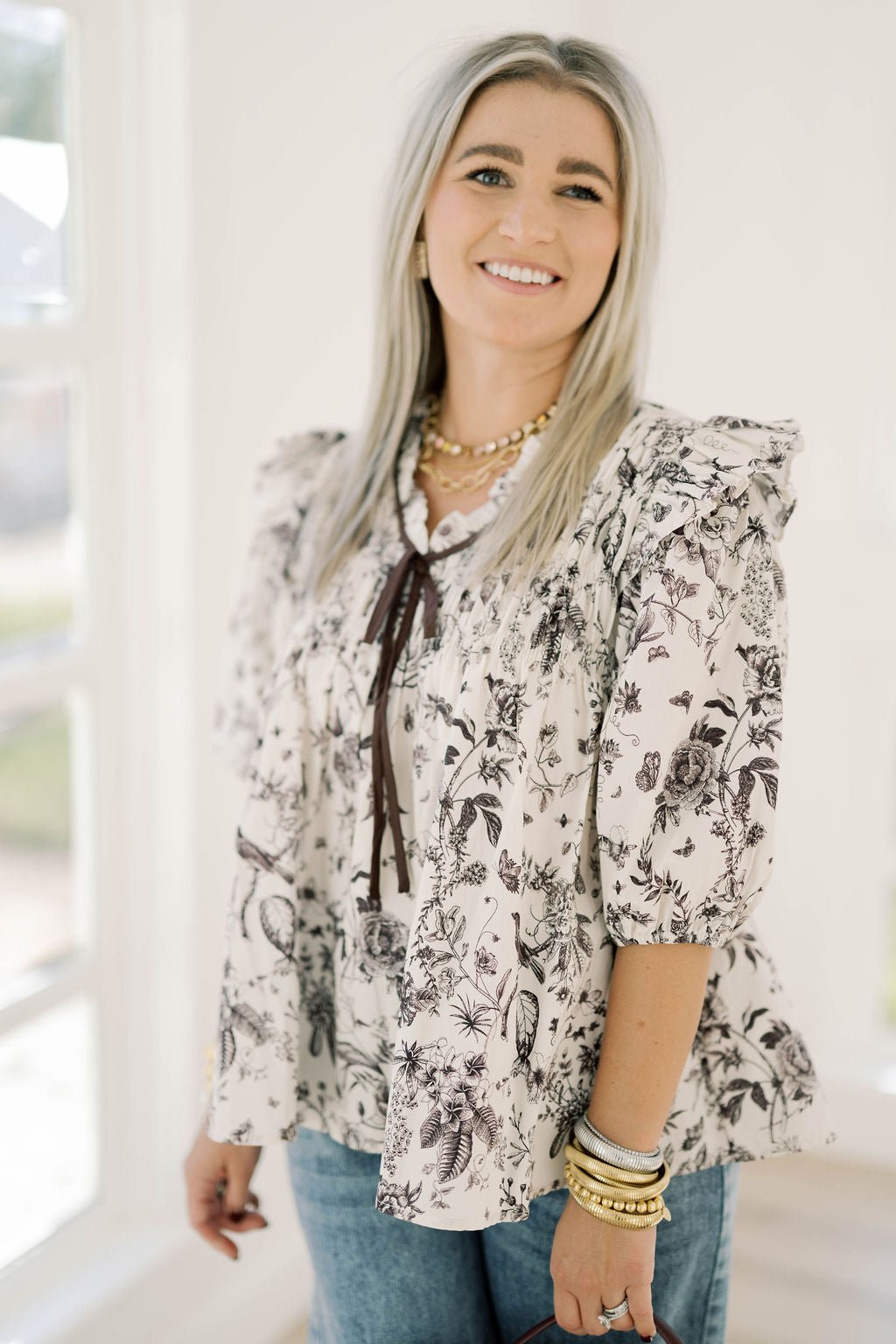 Day Time Luxe Ruffle Printed Top - Tops - Blouses - She & Sky