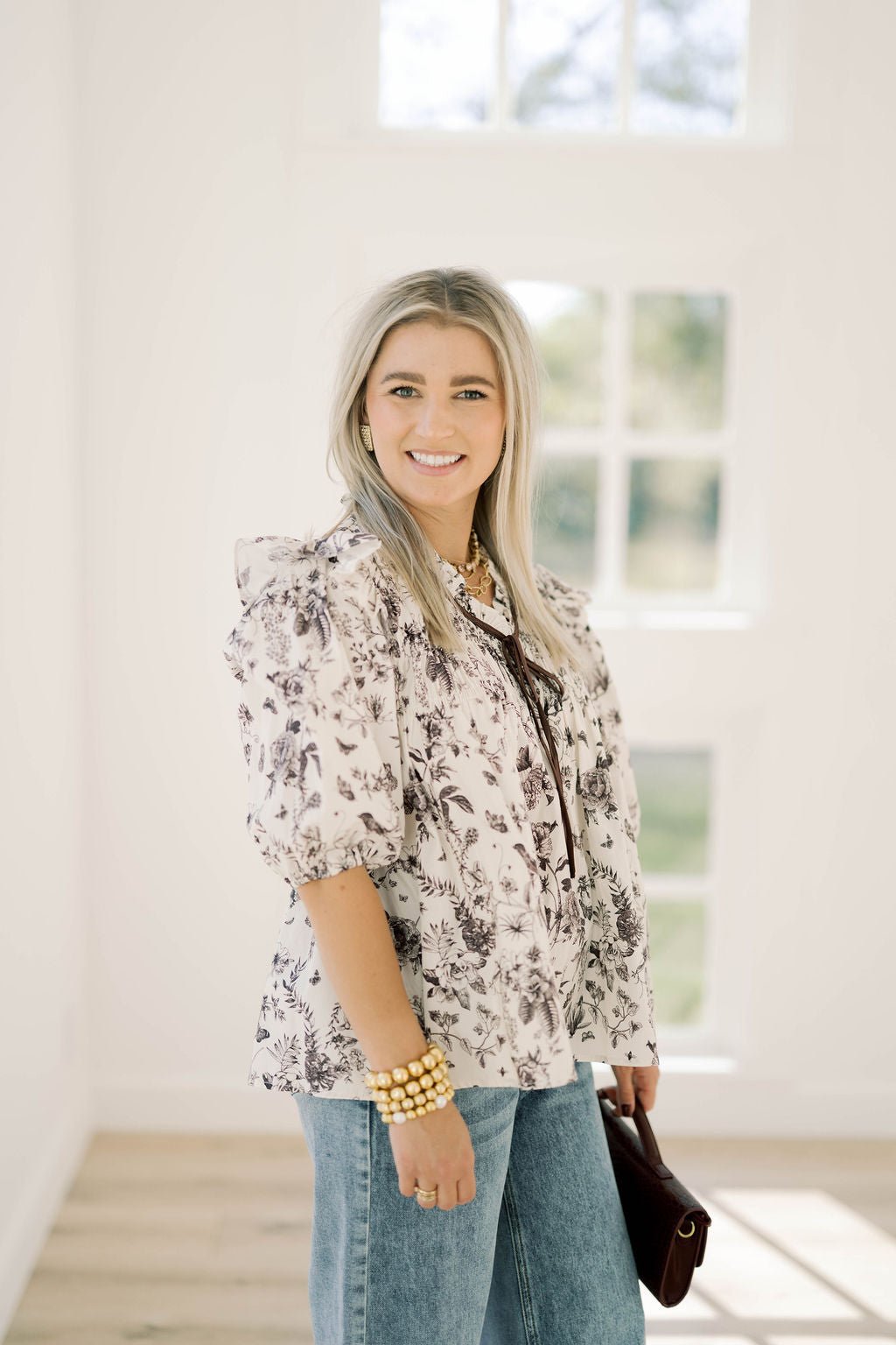 Day Time Luxe Ruffle Printed Top - Tops - Blouses - She & Sky