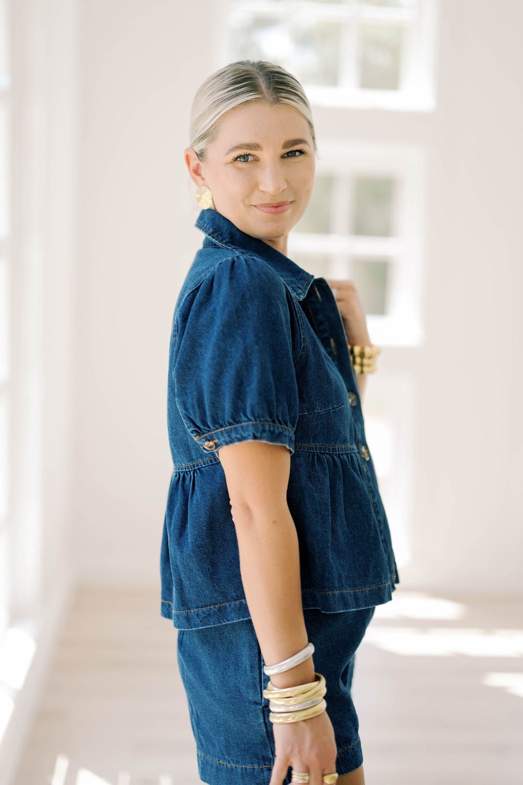 Denim Darling Peplum Top - Tops - Blouses - Le Lis