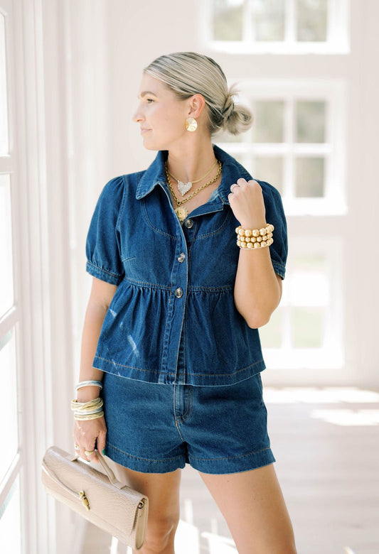 Denim Darling Peplum Top - Tops - Blouses - Le Lis