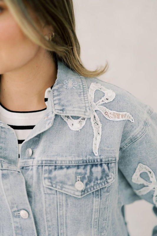 Denim Obsessed Cropped Bow Jacket - Outerwear - Jackets - Peach Love CA