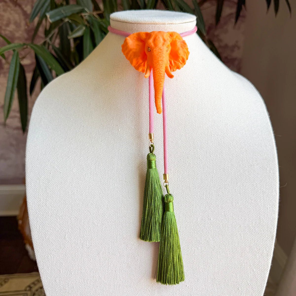 Elephant Bolo Orange Citrus with Bubblegum Pink & Olive - Jewelry - Necklaces - Rahya