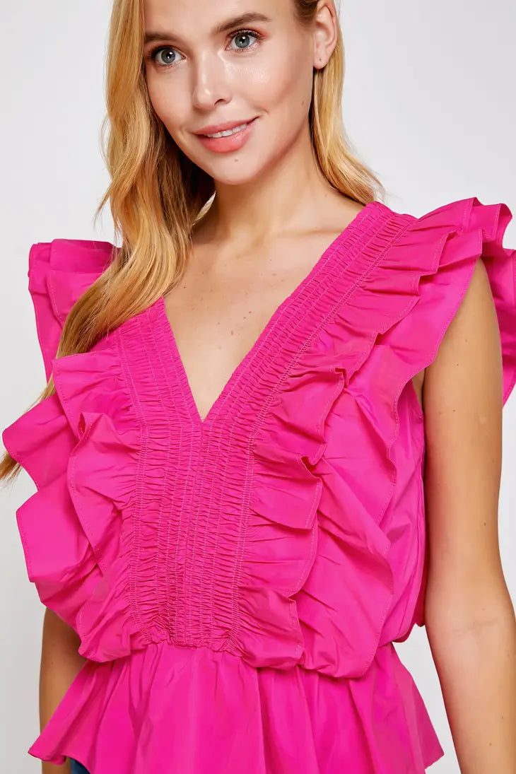 v neck pink ruffle top