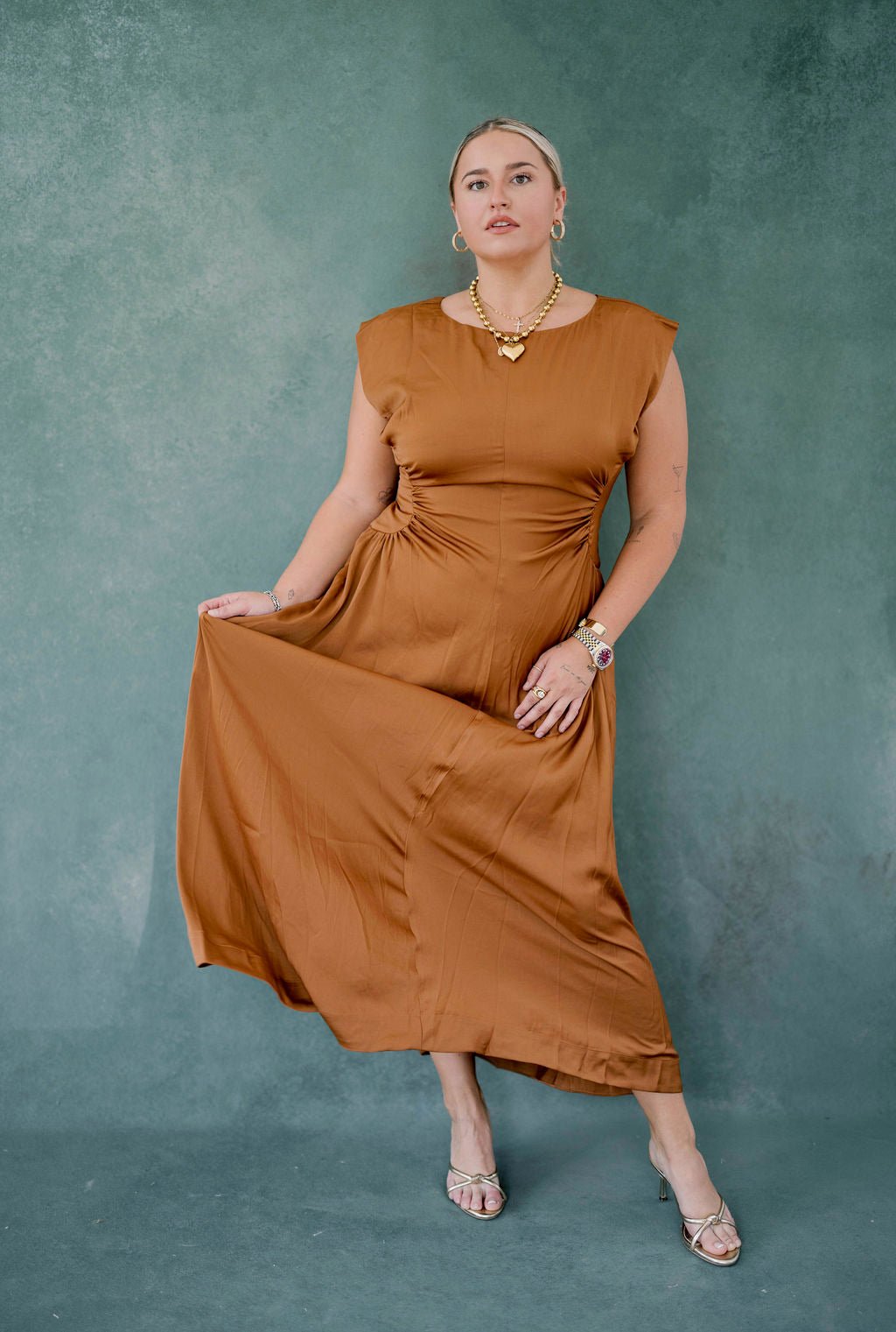 Fall Foliage Satin Midi Dress - Dresses - Heyson