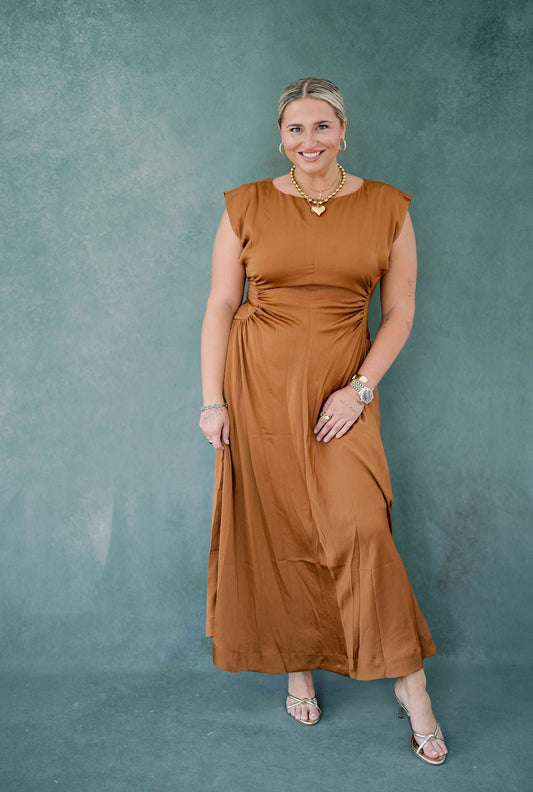 Fall Foliage Satin Midi Dress - Dresses - Heyson
