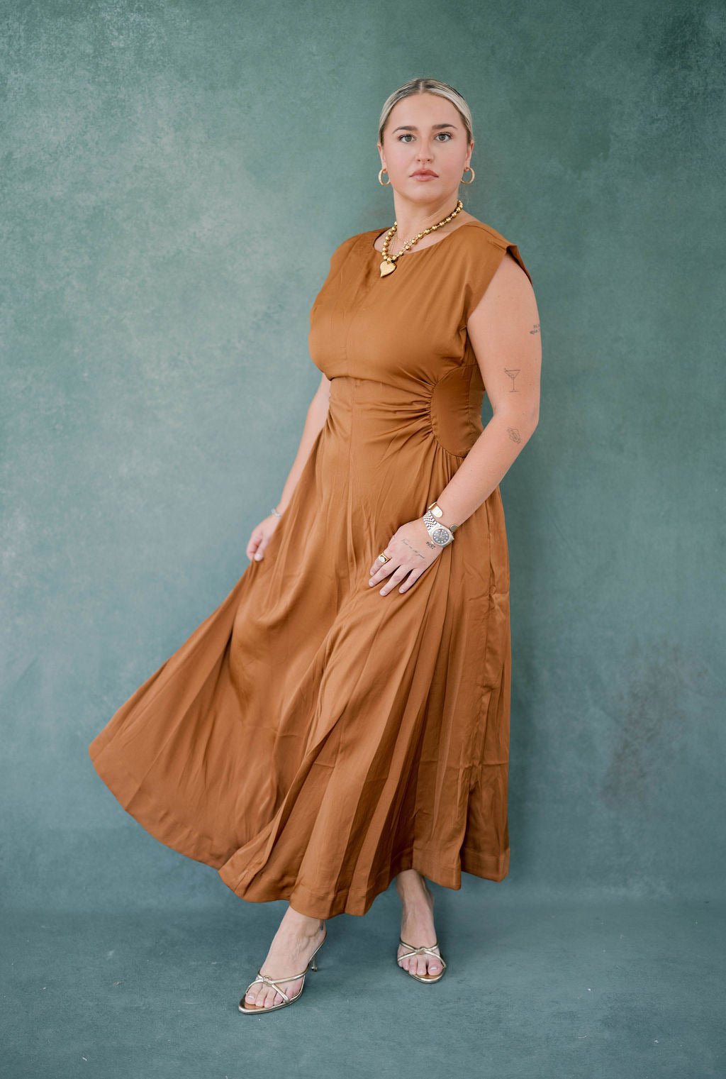 Fall Foliage Satin Midi Dress - Dresses - Heyson