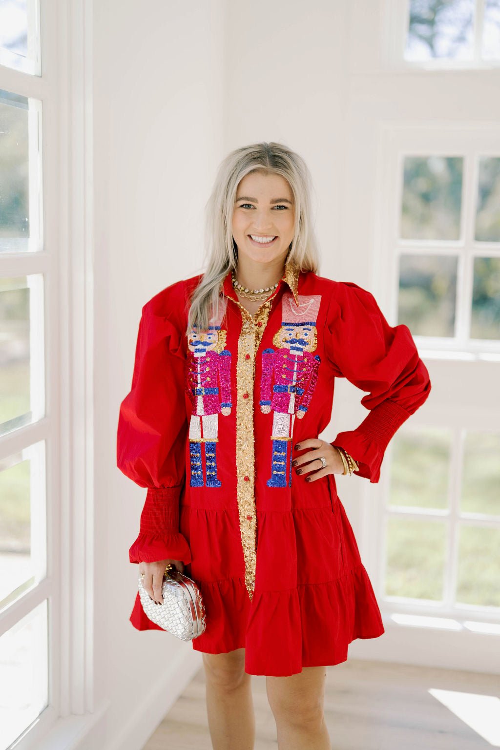 Festive Time Sequin Nutcracker Shirt Dress - Lola & Co. Boutique Red / Large Festive Time Sequin Nutcracker Shirt Dress - Lola & Co. Boutique Red / Large