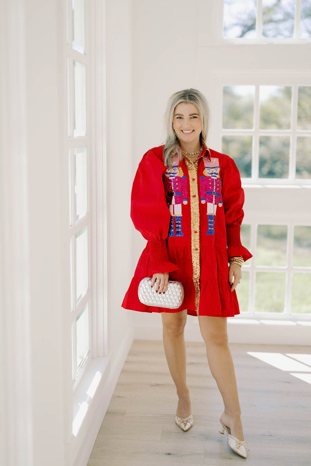 Festive Time Sequin Nutcracker Shirt Dress - Lola & Co. Boutique Red / Small Festive Time Sequin Nutcracker Shirt Dress - Lola & Co. Boutique Red / Small
