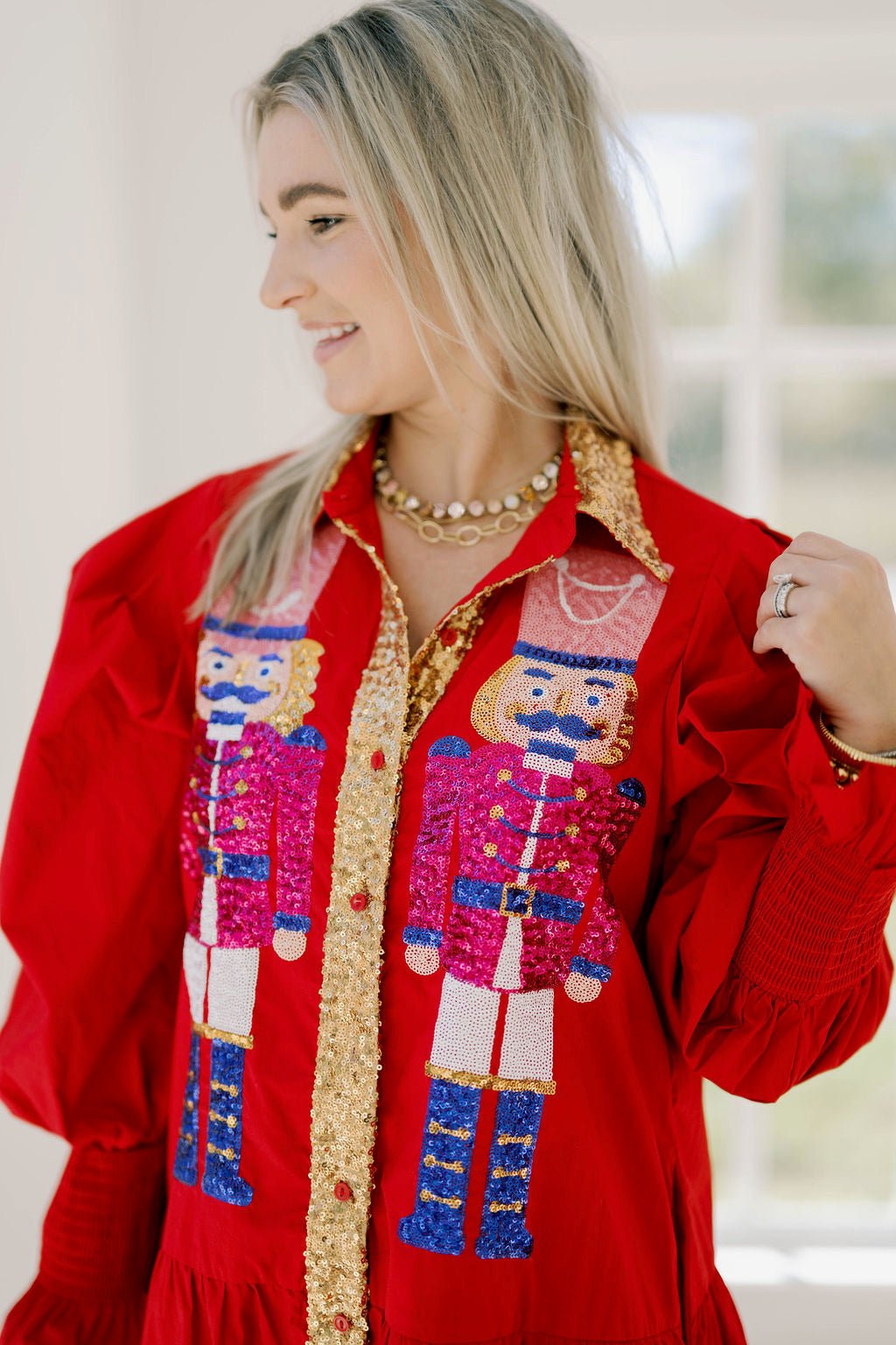Festive Time Sequin Nutcracker Shirt Dress - Lola & Co. Boutique Red / Small Festive Time Sequin Nutcracker Shirt Dress - Lola & Co. Boutique Red / Small