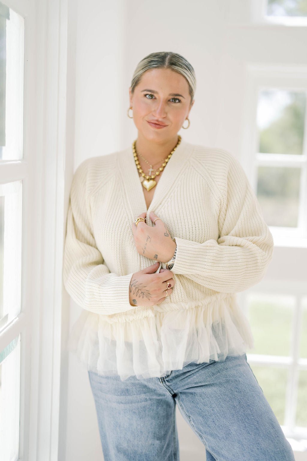 Gather Together Tulle Hem Cardigan - Tops - Sweaters - Heyson