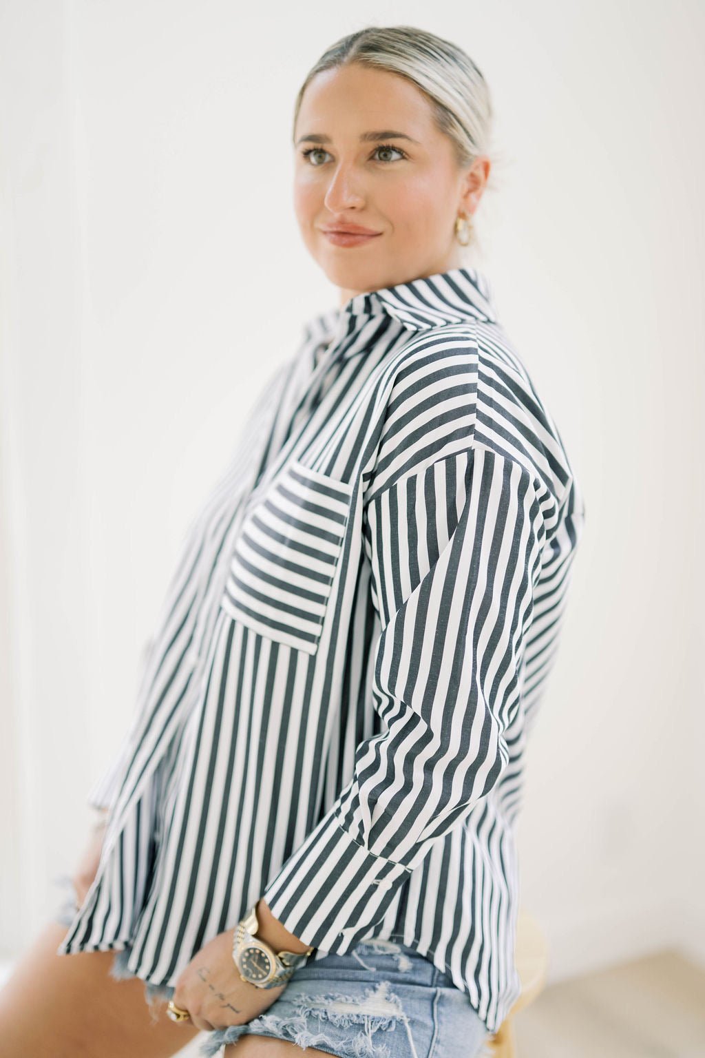 Go Times Striped Button Down Shirt - Tops - Blouses - Q2