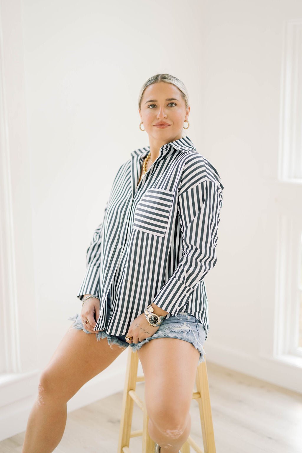 Go Times Striped Button Down Shirt - Tops - Blouses - Q2