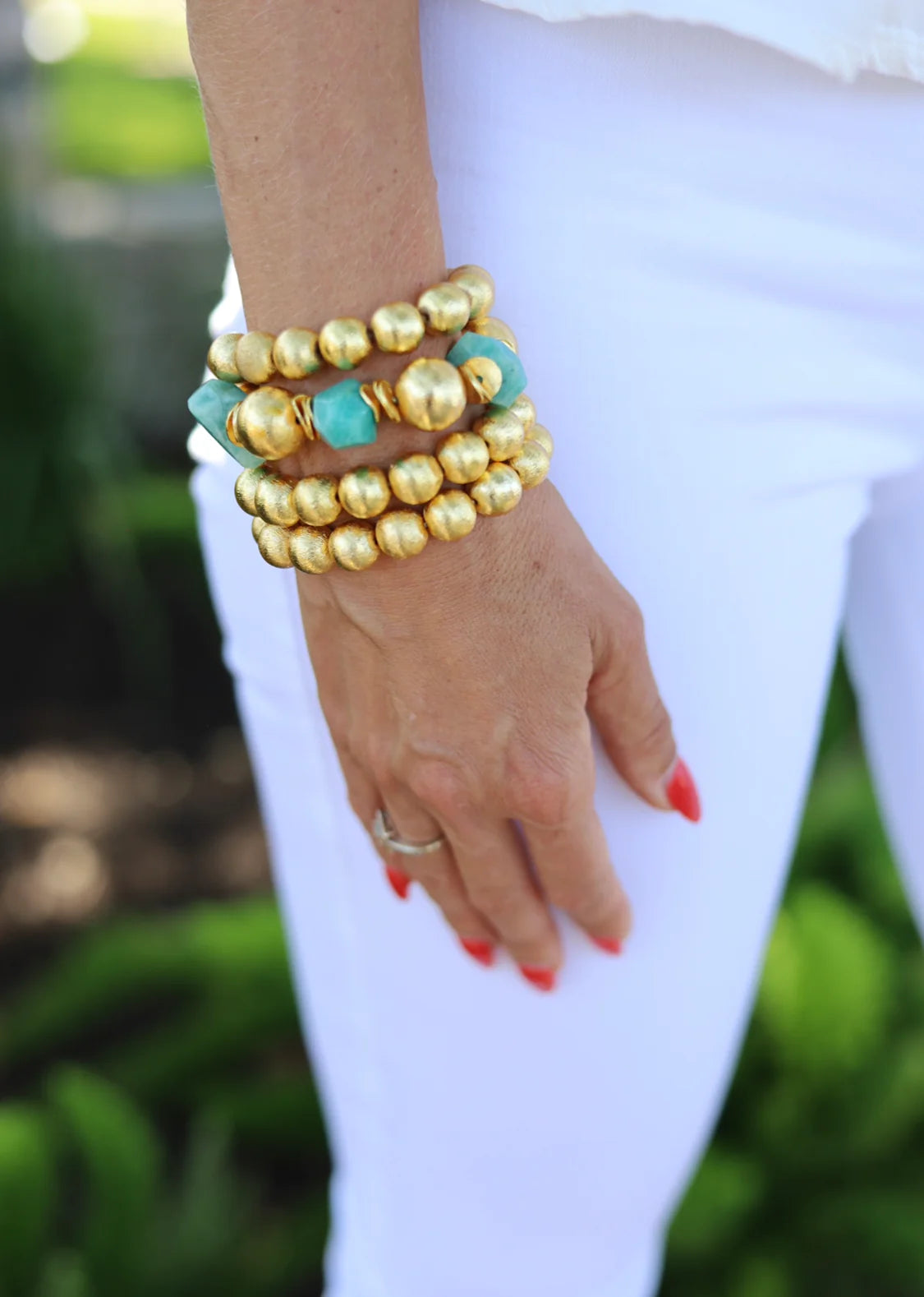 Elevate any outfit with these beautiful bracelets! They are made out of brushed gold plated copper beads.  7" long  Stretchy Elastic  12mm beads  Look great if you stack them!