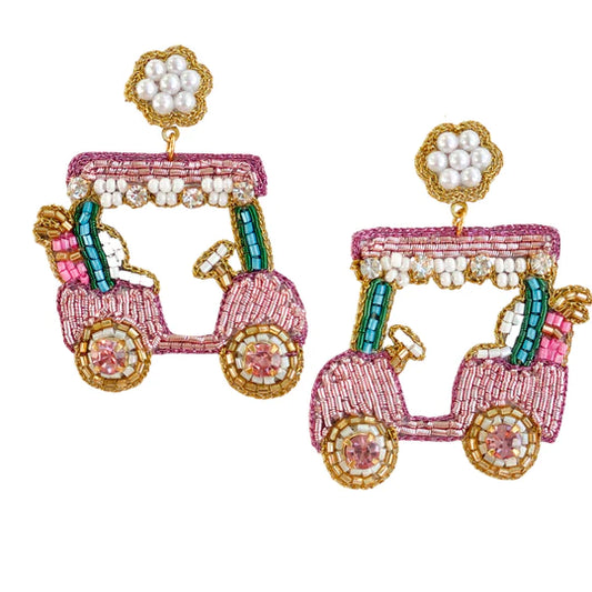 The Golf Cart Earrings are perfect for any golf enthusiast who wants to look in style while playing the sport or attending any golf event.  These earrings feature a golf cart with very intricate work and attention to detail by our artisans using beads, silk thread, pearls and stones in subtle colors that will match many outfits.