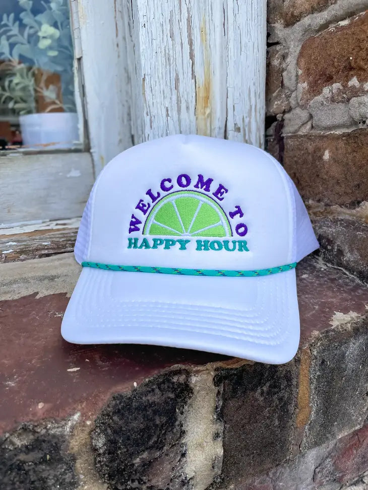 * 100% Polyester foam front, mesh back  * Structured, five-panel, mid-profile  * Pre-curved visor with braid detailing  * Adjustable double snapback closure *HAPPY HOUR CAP