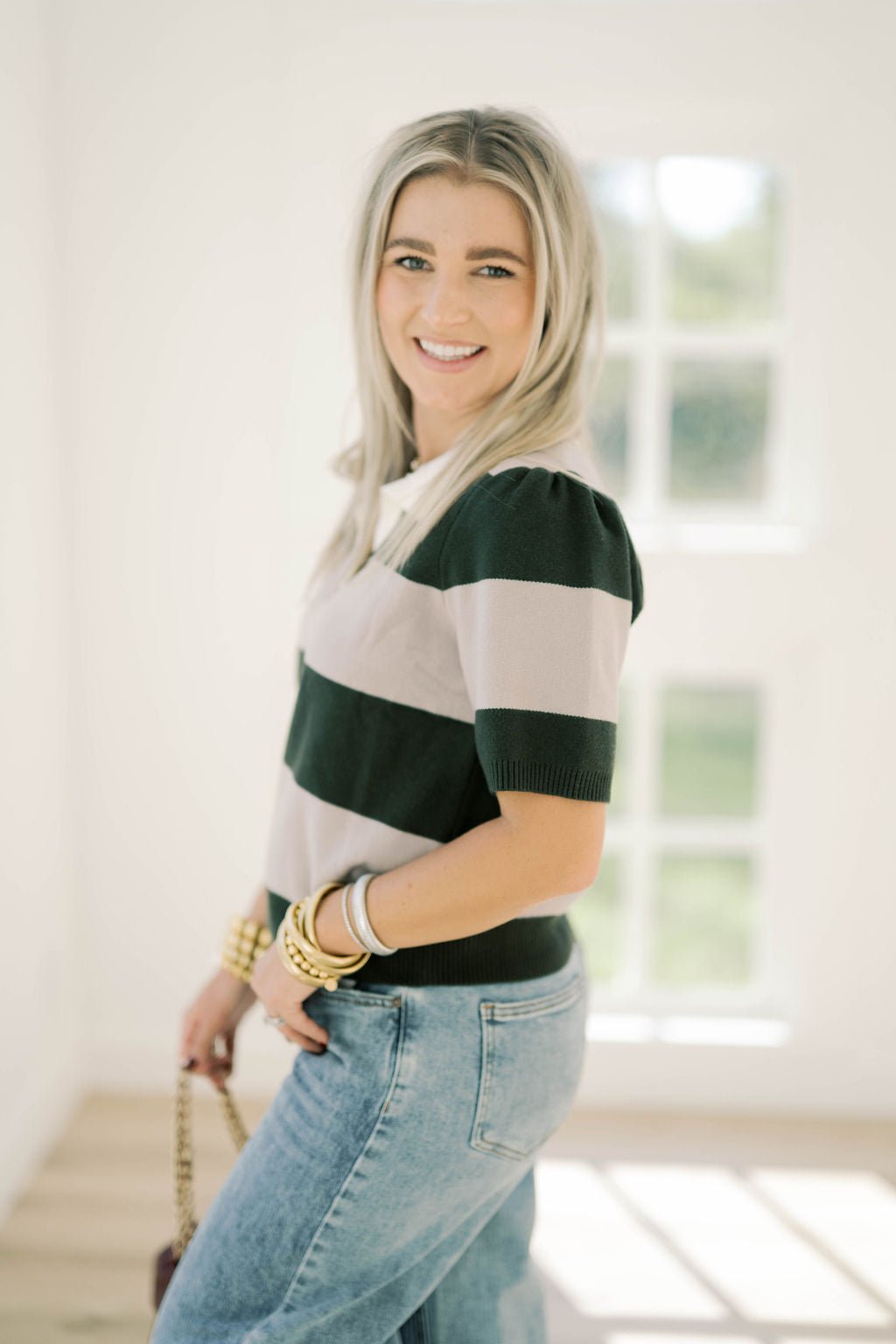 Haute Topic Collared Striped Sweater Top - Tops - Sweaters - She & Sky