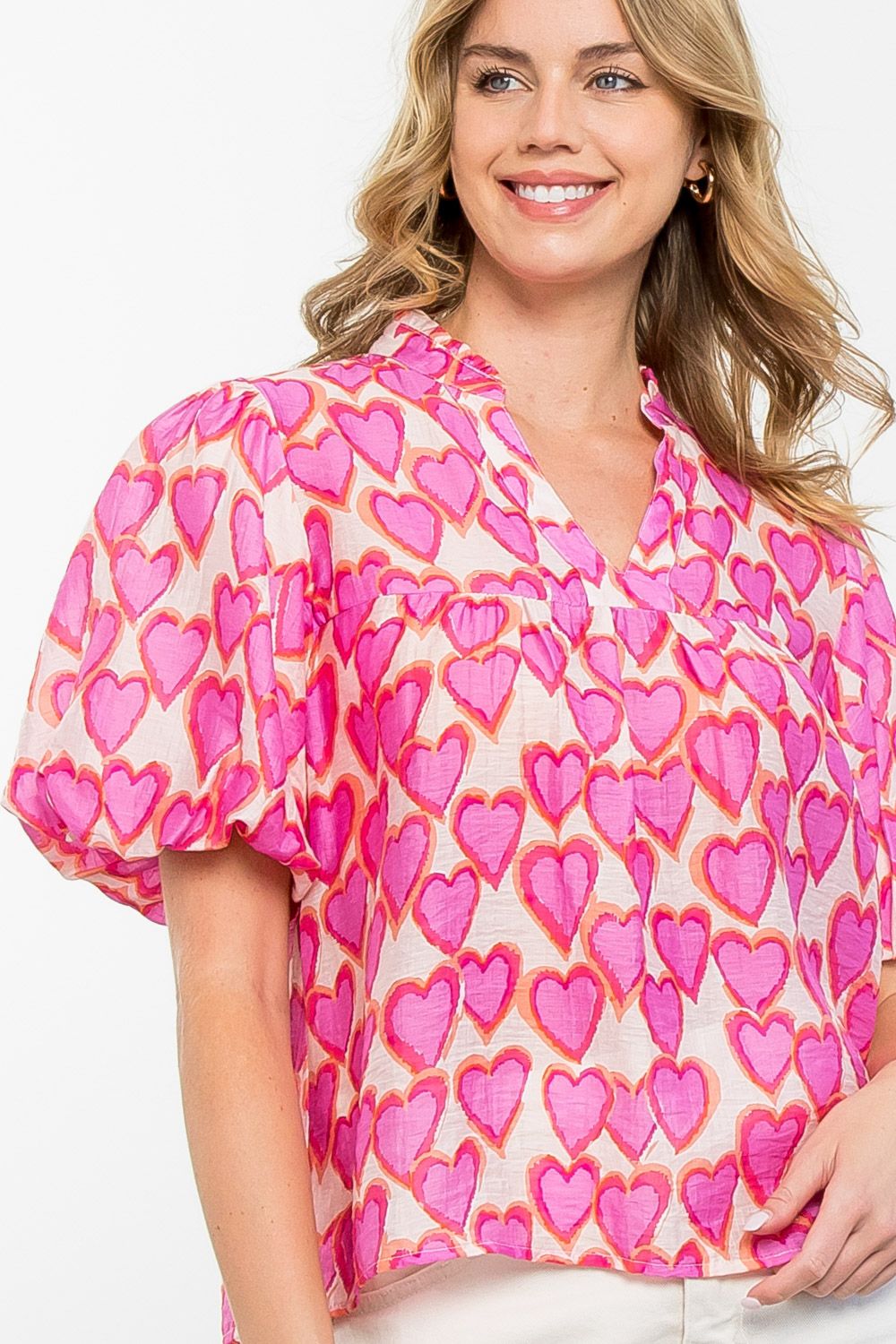 puff sleeves, Fun heart design, Valentine day top.  THML