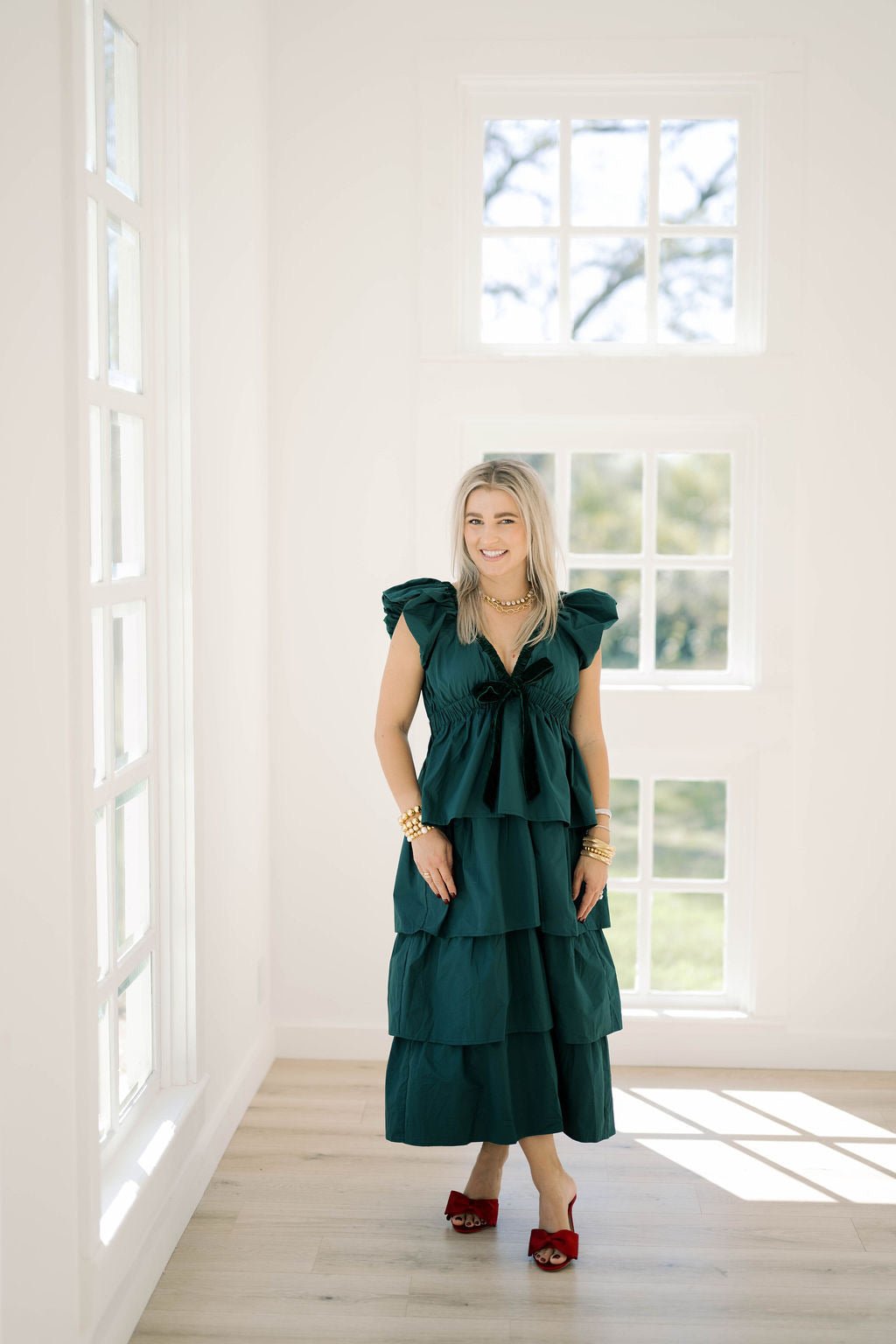 Holiday Time Velvet Bow Layered Ruffle Dress - Dresses - Peach Love CA