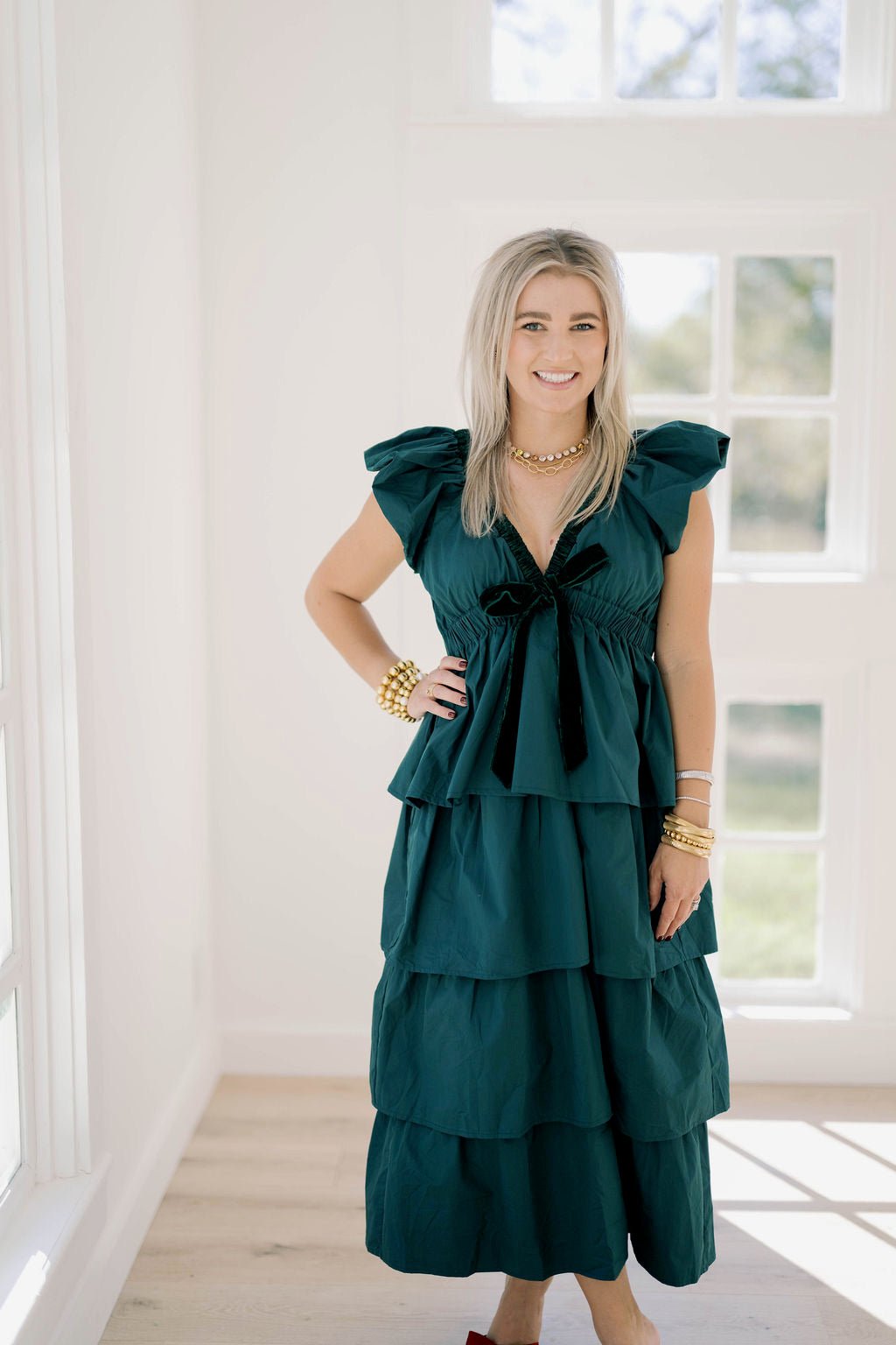 Holiday Time Velvet Bow Layered Ruffle Dress - Dresses - Peach Love CA