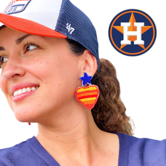 Go, Houston Astros! Cheer and show your love for the Astros baseball team in style with our custom design beaded Astros earrings in the shape of a heart with the Astros Vintage Colors and a blue star as a stud.