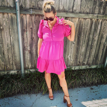 ay yes dress. Pink Collared shirt dress with accented jeweled collar and puff sleeve. Fully lined.