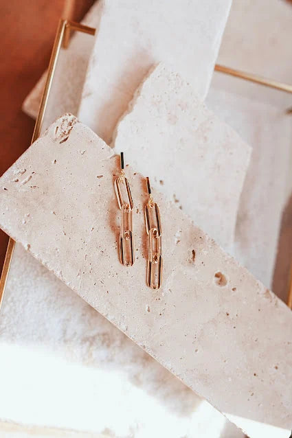 Link Gold Earrings are so hot right now! Exquisitely crafted with non-tarnishing 24kt gold plating these earrings are designed for lasting elegance. Hypoallergenic and water-resistant, they measure 2" long. 