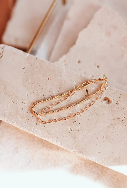 The Turks Bracelet by Jordan James is gorgeously designed with 24kt gold plating and non-tarnishing materials. These two connected bracelets are hypoallergenic and water-resistant.