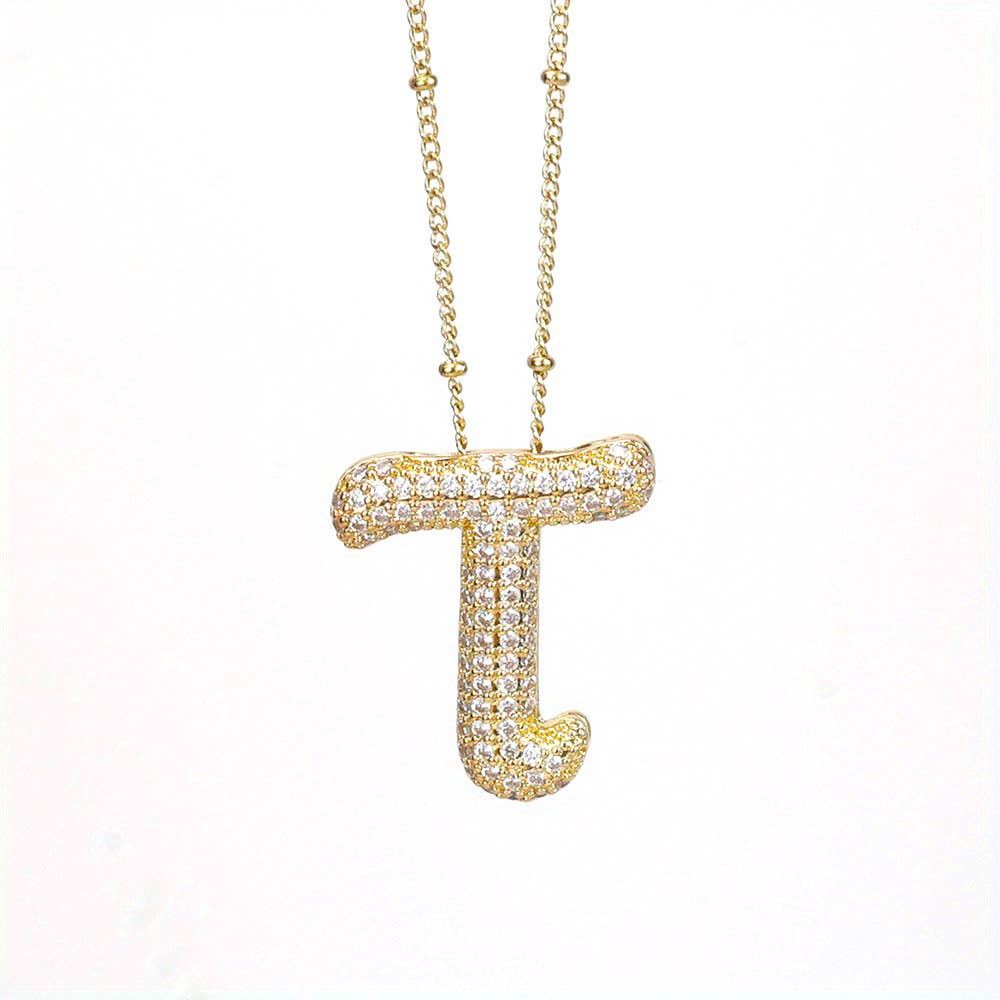 Initial SCRIPT CZ Balloon Bubble Gold Necklaces - Jewelry - Necklaces - Savy Bling