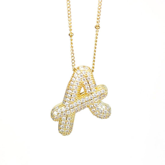 Initial SCRIPT CZ Balloon Bubble Gold Necklaces - Jewelry - Necklaces - Savy Bling