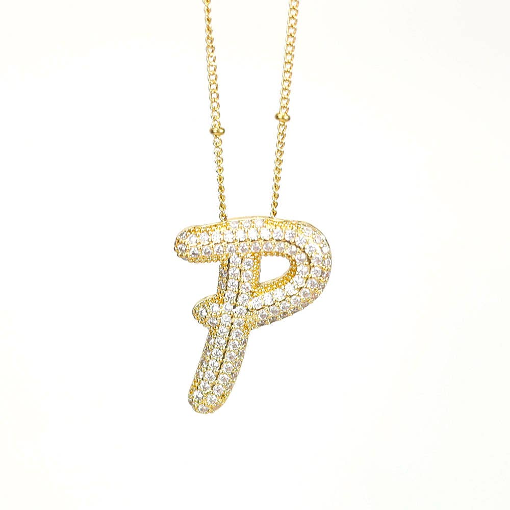 Initial SCRIPT CZ Balloon Bubble Gold Necklaces - Jewelry - Necklaces - Savy Bling