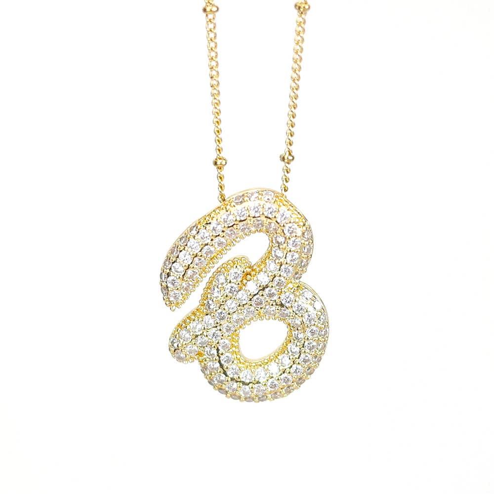 Initial SCRIPT CZ Balloon Bubble Gold Necklaces - Jewelry - Necklaces - Savy Bling
