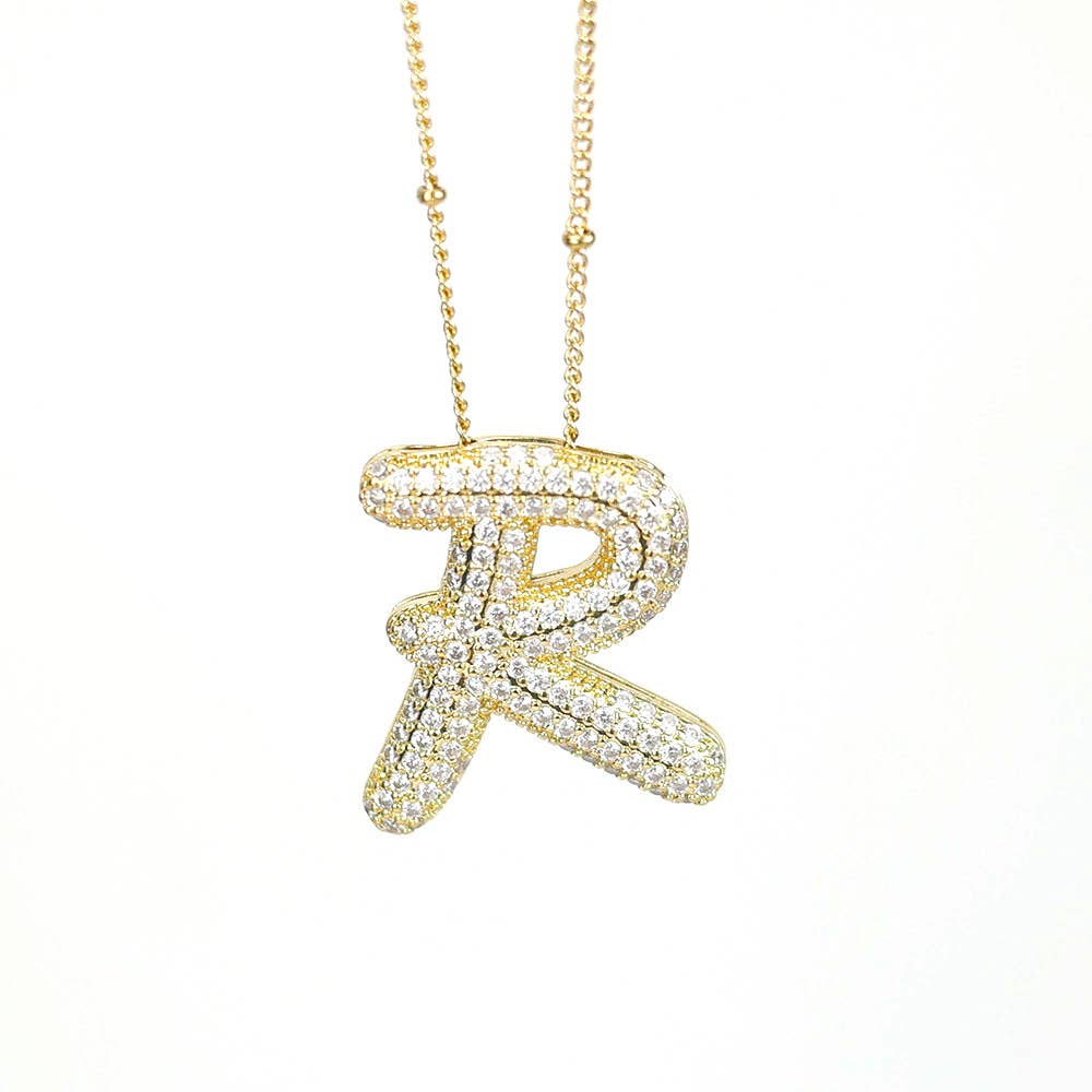 Initial SCRIPT CZ Balloon Bubble Gold Necklaces - Jewelry - Necklaces - Savy Bling