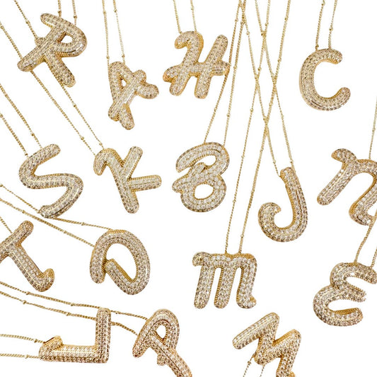 Initial SCRIPT CZ Balloon Bubble Gold Necklaces - Jewelry - Necklaces - Savy Bling