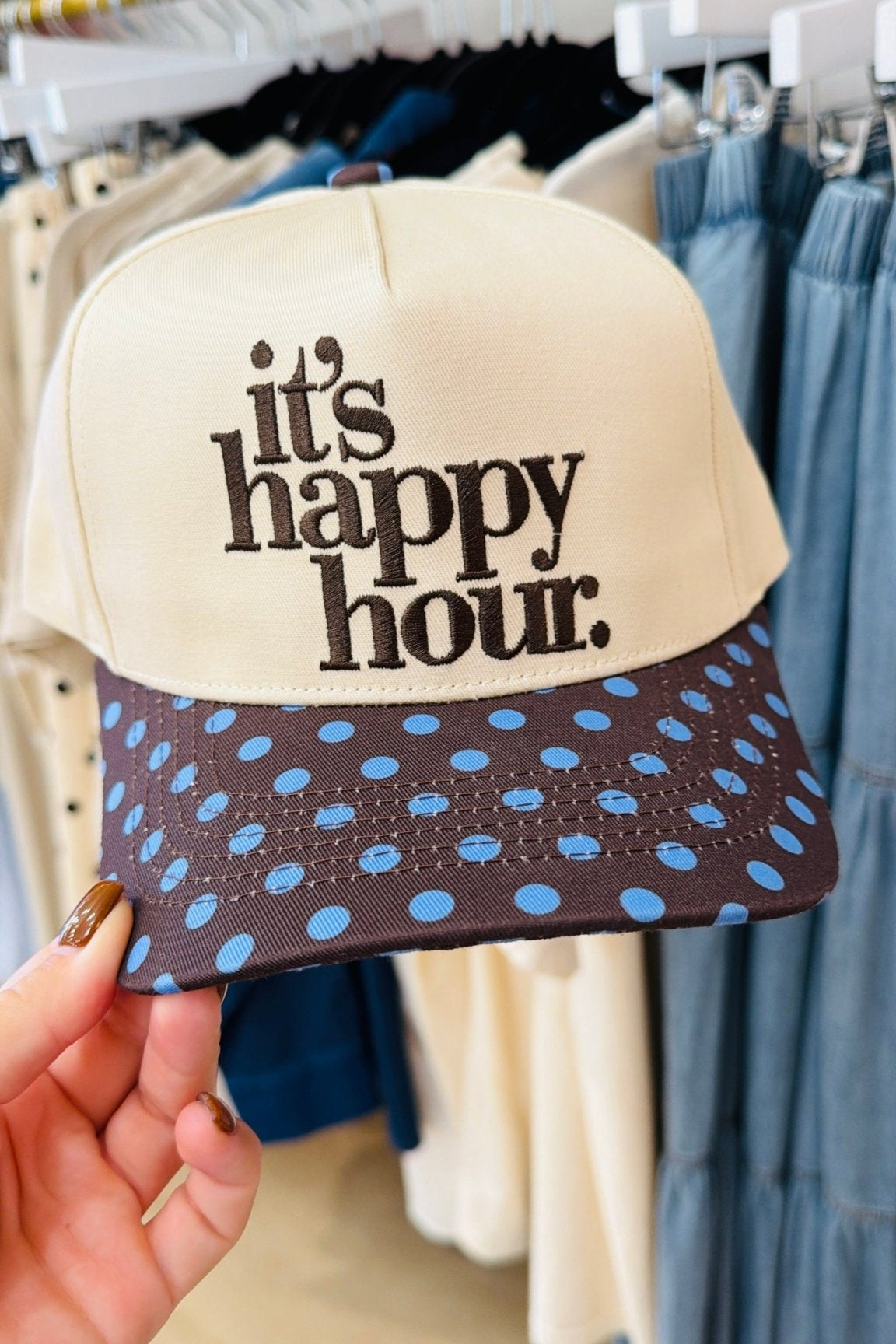 It's Happy Hour Dot Canvas Trucker Hat - Accessories - Hats - Summer Tees