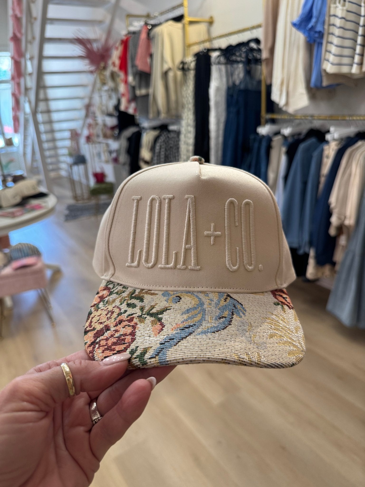 Lola + Co Tan Floral Canvas Trucker Hat - Accessories - Hats - Summer Tees
