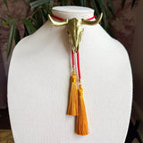 Longhorn Bolo Antique Bronze with Candy Red & Golden Yellow - Jewelry - Necklaces - Rahya