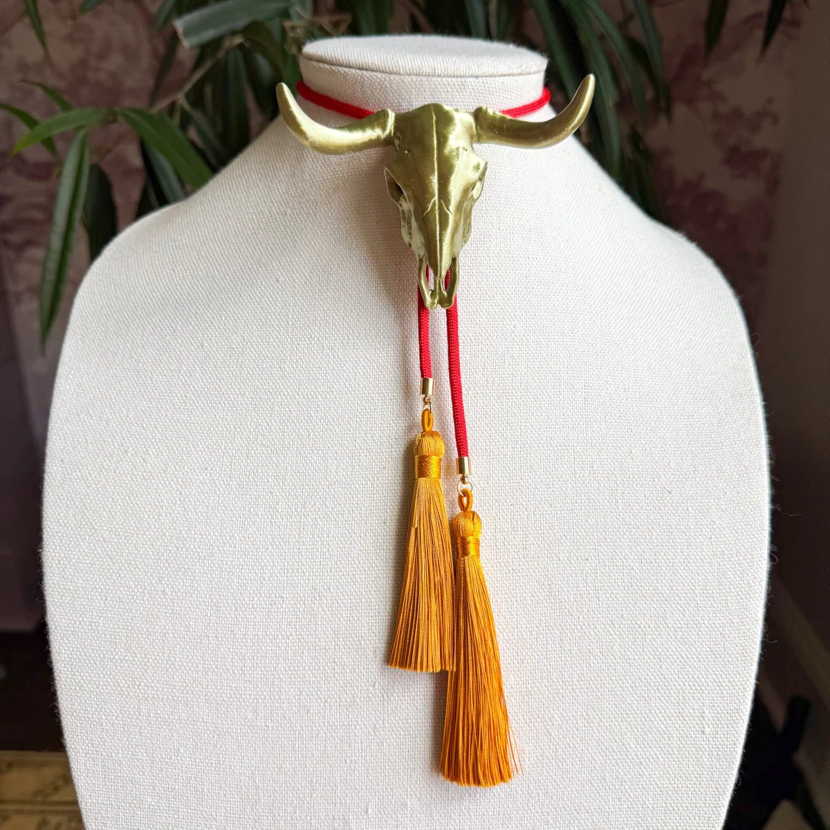 Longhorn Bolo Antique Bronze with Candy Red & Golden Yellow - Jewelry - Necklaces - Rahya