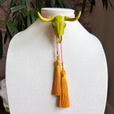 Longhorn Bolo Olive Green with Bubblegum Pink & Golden Yellow - Jewelry - Necklaces - Rahya