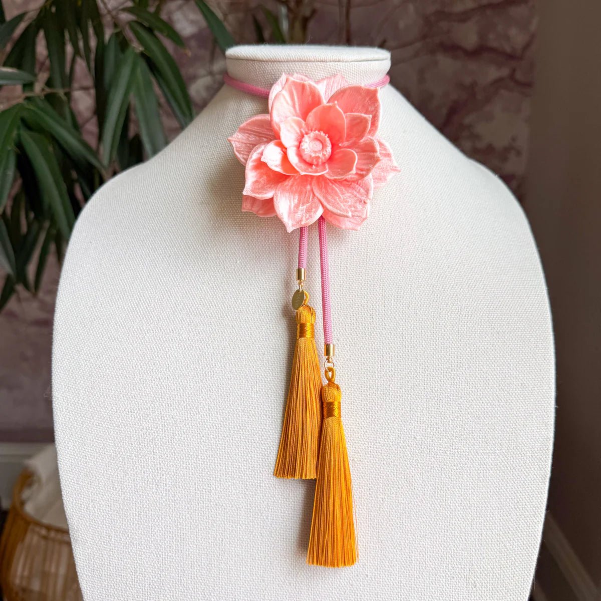 Lotus Flower Bolo Sugar Pink with Bubblegum Pink & Golden Yellow - Jewelry - Necklaces - Rahya