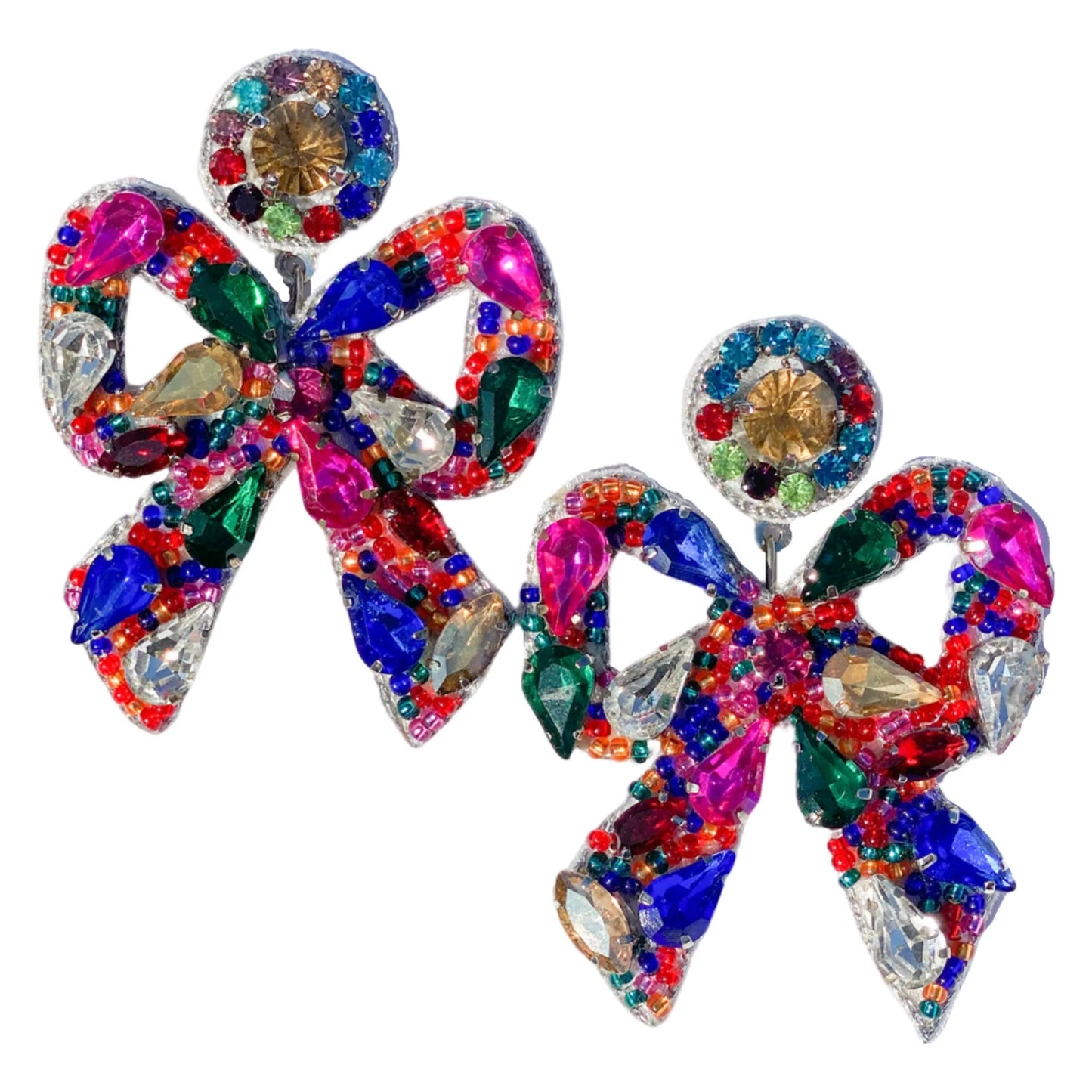 The Most Beautiful Beaded Bow Earrings! Add elegance, and grace to your Holiday outfit with these handcrafted bow earrings made with crystals, beads, and silk thread. They have a perfect size! Exclusively made by our talented artisans.  Width 1.75"  Length 2.5"  