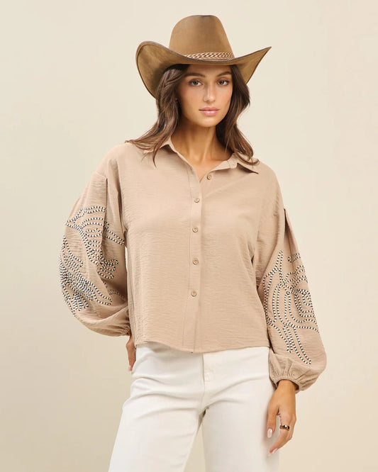 Nashville Nights Embroidered Balloon Sleeve Top - Tops - Blouses - Able