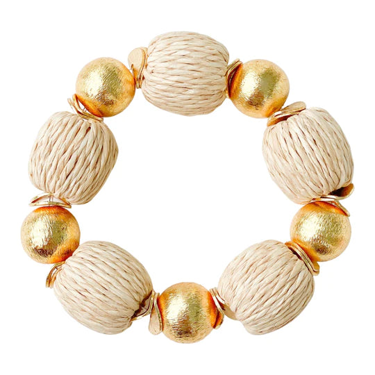 Elevate any outfit with these beautiful bracelets! They are made out of brushed gold plated copper beads and hand wrapped raffia beads.  7" long  Stretchy Elastic  14mm beads  Look great if you stack them!