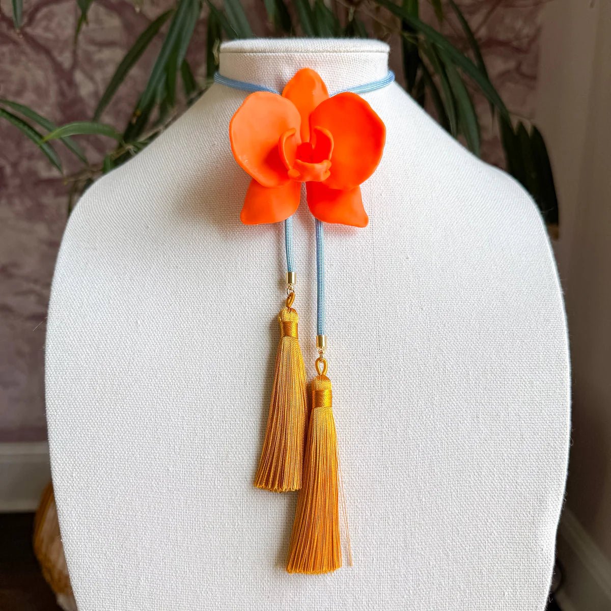 Orchid Bolo Orange Citrus with Baby Blue & Golden Yellow - Jewelry - Necklaces - Rahya