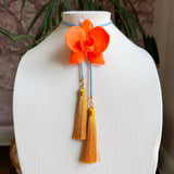 Orchid Bolo Orange Citrus with Baby Blue & Golden Yellow - Jewelry - Necklaces - Rahya