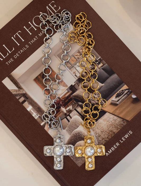 Pearl Gold Cross Charm Necklace - Jewelry - Necklaces - Chansutt Pearls