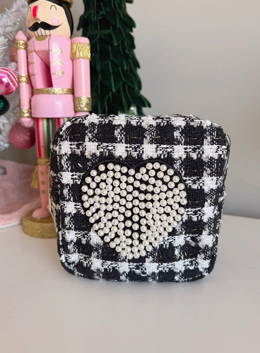 Pearl Heart Mini Black Tweed Travel Bag - Accessories - Travel - Kenz Kustomz