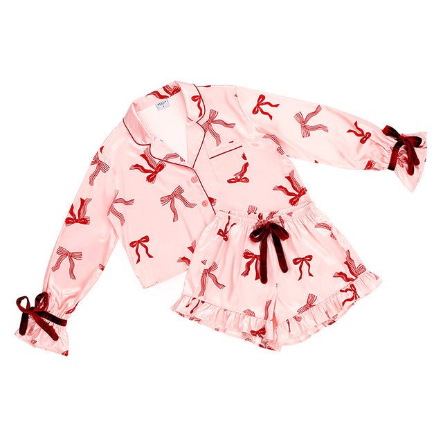 Pink Bow Long Sleeve Ruffle Shorts PJ Set - Loungewear - Bella Sleep & Spa