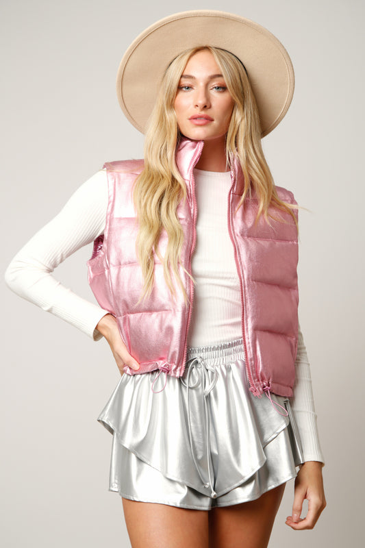  metallic denim puffer vest, pink vest